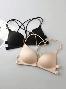 2 pezzi Set di reggiseni canottiera con chiusura anteriore, senza ferretto, con luce imbottitura e schiena incrociata, biancheria intima per le donne