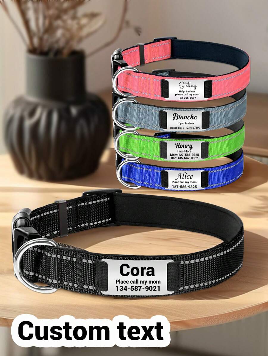 1Pc Reflective Personalized Dog Collar With Nameplate, Adjustable Dog Collar With Custom Engraved Steel Slide On Pet ID Tag, Silent, No Noise Dog Tag For Large Medium Or Small Large Comfort-Fit Neoprene Dog Collar For Small And Medium Breeds - Hi-Vis Reflective Adjustable, Soft Padding For Optimal Comfort - Ideal For Daily Walks & Outdoor Adventures