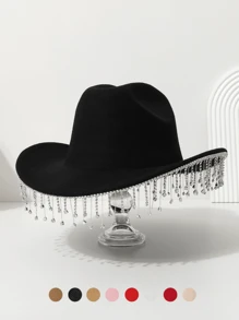 1 件女士纯色帽檐水晶莱茵石流苏水滴装饰西部牛仔优雅复古户外休闲渔夫帽，适合派对、婚礼、伴娘