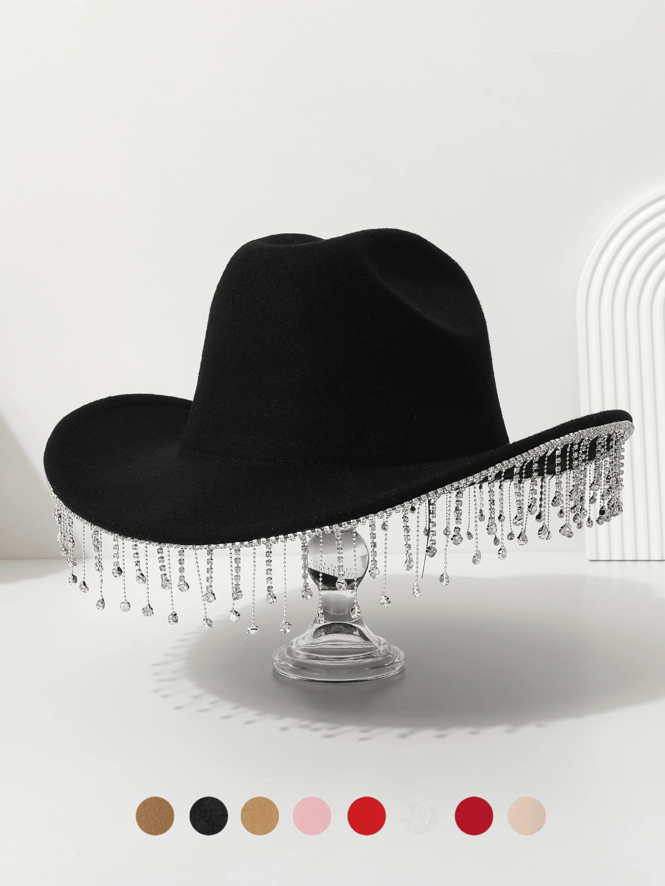 1 件女士纯色帽檐水晶莱茵石流苏水滴装饰西部牛仔优雅复古户外休闲渔夫帽，适合派对、婚礼、伴娘