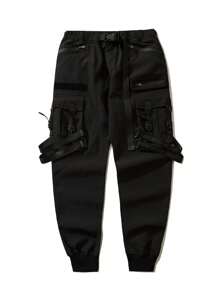 Men's Black Paratrooper Multi Pockets Pants Techwear Streetwear Polyester Blend Strapped Joggers - 黑色 - 查看 9