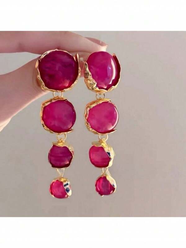 1pair European And American Style Long Tassel Earrings With Resin And Metal Pink Asymmetrical Shape, Simple And Fashionable Ear Accessories For Women With  Luxury Tone