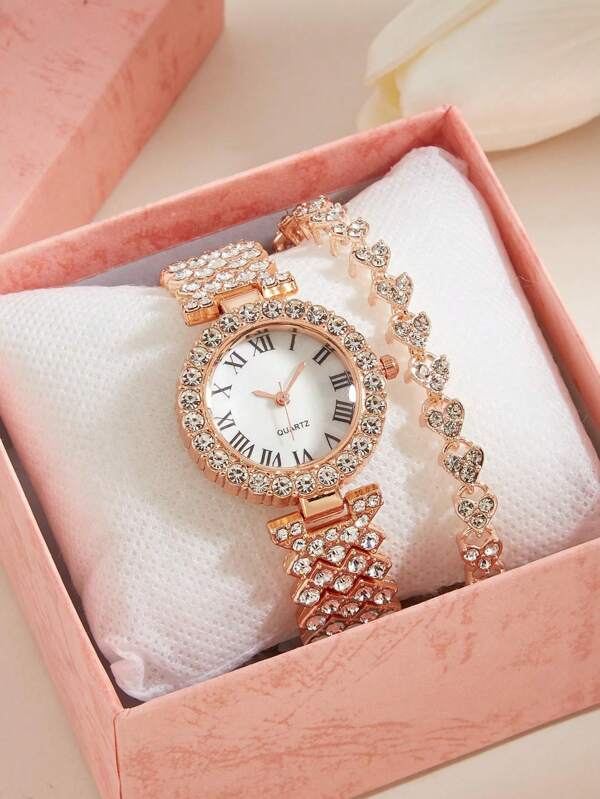 Ladies Adult Quartz Watch Set Fashion And Leisure Roman Diamond Set Women's Watch Comes With Diamond Bracelet Combination Set
