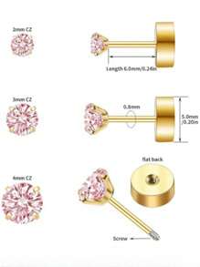 Handmade Flat Back Earrings: 3 Pairs Of 18K Gold Plated Screw-Back 2, 3, 4mm Square Crystal Cubic Zirconia Ear Studs, Cartilage Piercing Jewelry For Women, Spiral Ear Cuff