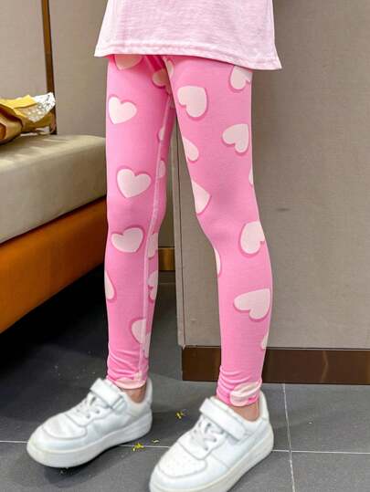 Young Girl Cute Heart Print Thin Leggings, Suitable For Wearing Inside Or Outside, For Toddlers & Little/Big Kids