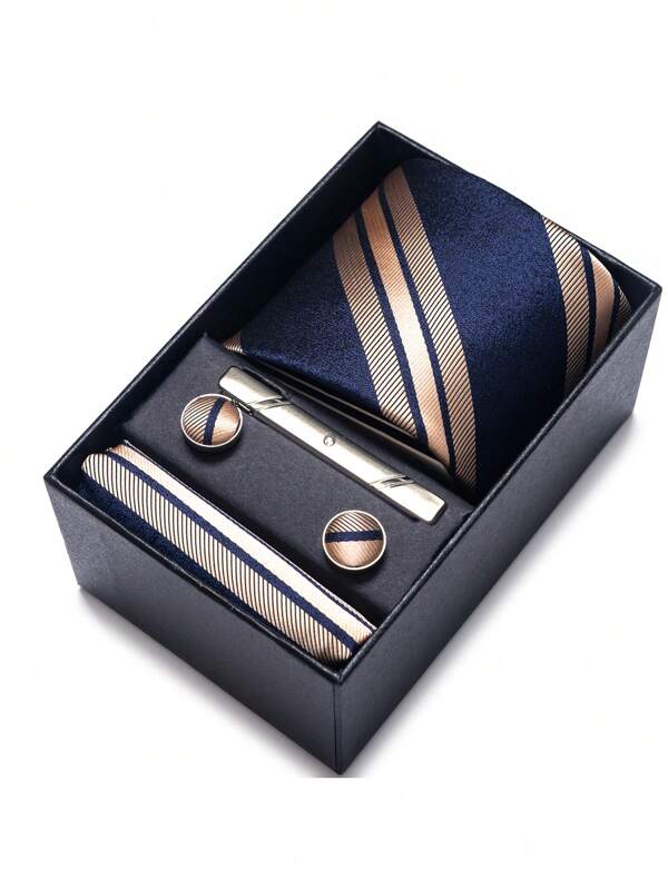 AlanKing 1set Striped Necktie Pocket Square Cufflinks Set In Gift Box, Men Blue Tie 7.5 Cm Width, Suitable For Festivals, Weddings And Work Men Necktie