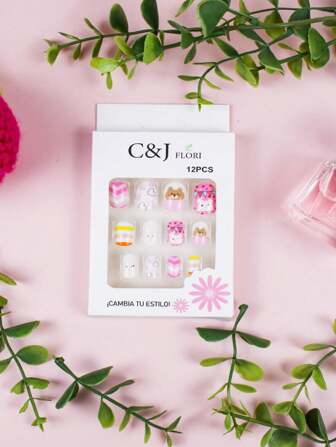 C&J FLORI Kit Uñas postizas press on para niña 12 piezas punta cuadrada color blanco incluyen adhesivo a dos caras