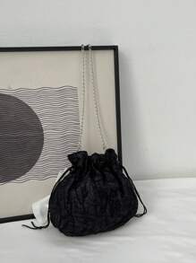 Mini Faux Pearl & Bow Decor Textured Chain Bucket Bag, Perfect Valentines Day Gift For Her, Bow Purse For Women, Best Valentine's Gift Choice Ever, Cute Bow Bag For Women - 黑色 - 查看 9