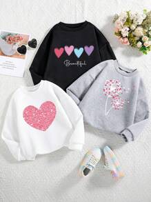 3pcs Girls Cartoon Print Warm Lined Crew Neck Sweatshirts - Multicolor - View 1