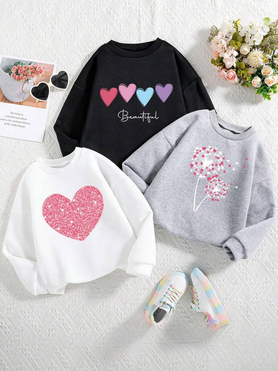 3pcs Girls Cartoon Print Warm Lined Crew Neck Sweatshirts - Multicolor - View 1