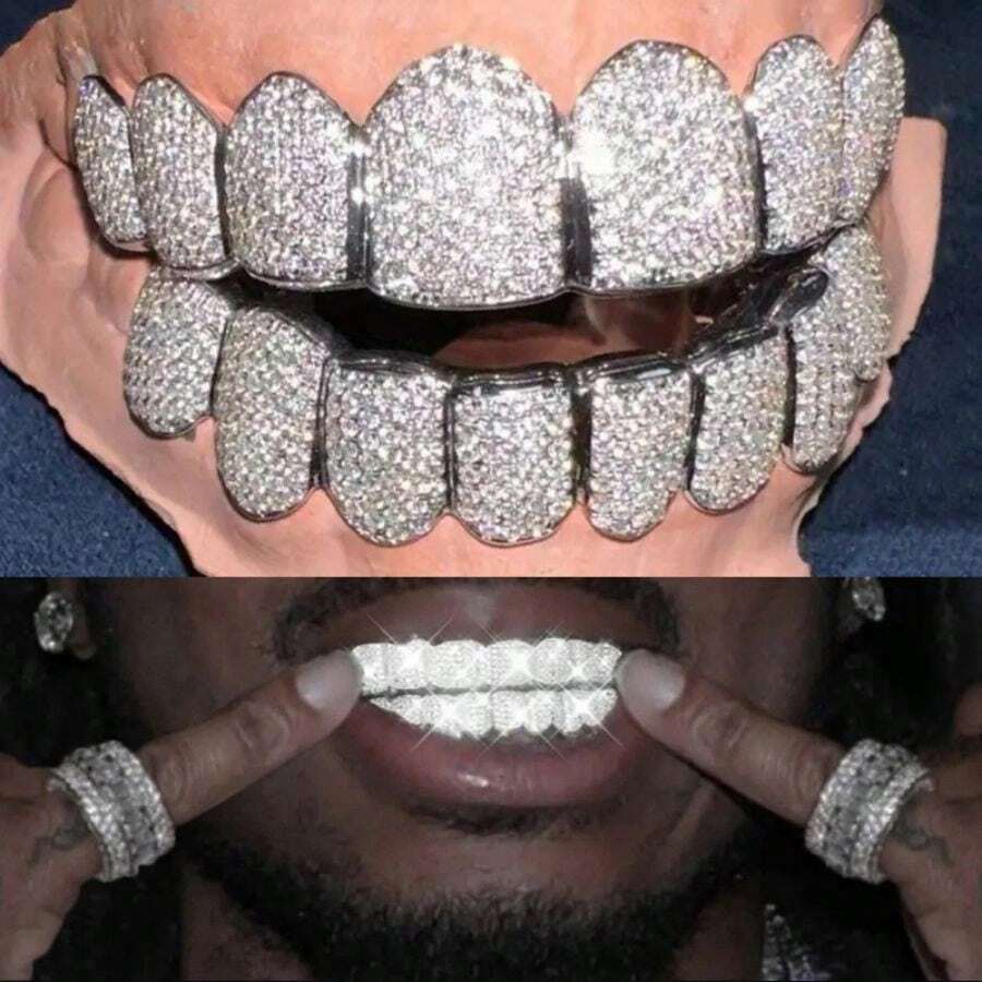 THATBOY 18K Blingbling Glittering Hip Hop Cubic Zirconia Teeth Grills - 16 Piece Top & Bottom Set For Rappers And Cosplayers - Premium Punk Tooth Caps, Instantly Transform Your Smile, Tooth Braces Grill - Multicolor - View 1