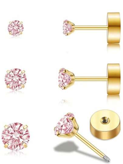Bông tai lưng phẳng thủ công: 3 đôi khuyên tai dạng vít mạ vàng 18K 2, 3, 4 mm, khuyên tai hình khối pha lê hình vuông, trang sức xuyên sụn cho nữ, vòng bít tai xoắn ốc