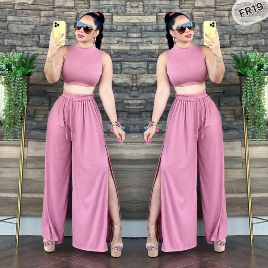 Conjunto Set Crop Top Pantalón abertura pierna sexi ligero cómodo moda dama - Rosa Pálido - Ver 1