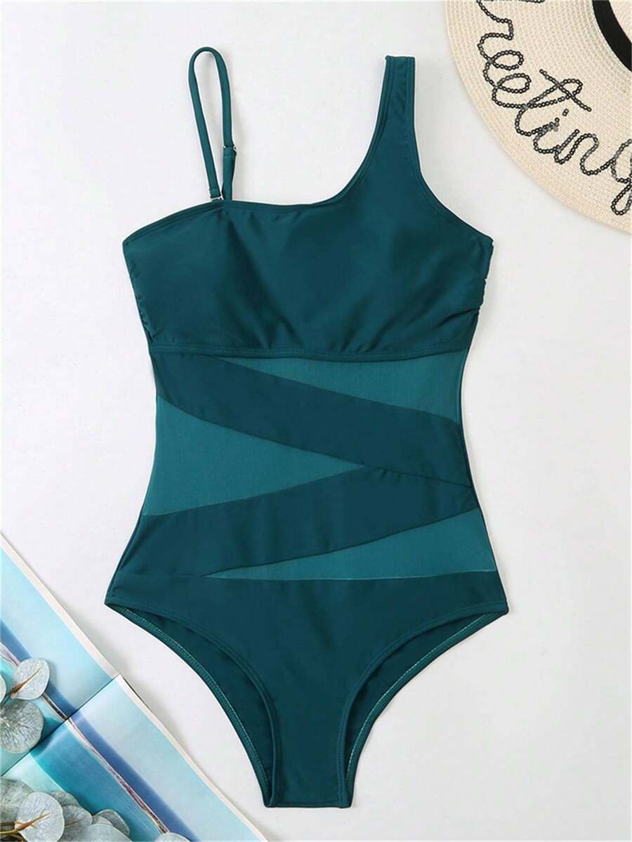 1pc Women's Mesh Ruched Bust Adjustable Strap One-Piece Swimsuit Summer