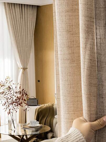 1pc New Style Semi-Blackout Linen Curtain For Bedroom Living Room Balcony, Japanese Style Wooden Design, Light-Filtering Garden Decoration Curtains