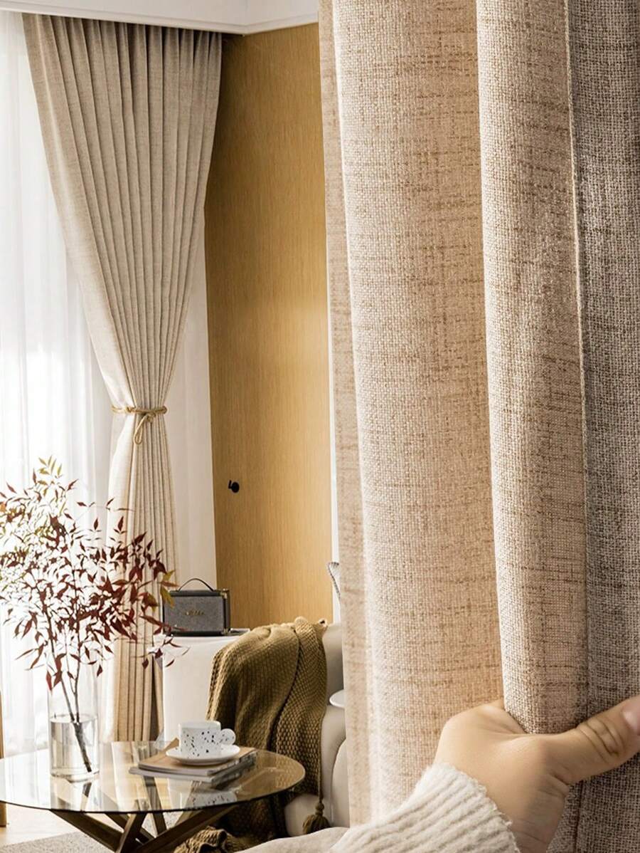 1 pieza Nueva cortina de lino semitraslúcido para dormitorio, sala de estar, balcón con diseño de madera al estilo japonés, cortinas de decoración de jardín de filtrado de luz - Beis - Ver 1