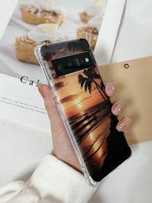 1pc eenvoudig en helder TPU-telefoonhoesje met vier hoeken, valbestendig ontwerp en bedrukt zonsondergangpatroon, compatibel met Pixel 7 Pro, iPhone 15 Pro Max en andere Apple-modellen