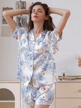 2pcs Women's Comfortable Floral Printed Pajama Set, Satin Short Sleeve Button Shirt And Elastic Waist Shorts