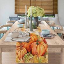 Mantel de lino sintético, camino de mesa de Acción de Gracias, decoración de cocina y restaurante con calabaza a cuadros, hoja de arce y pavo, toalla de vestir de mesa vintage de cosecha otoñal, decoración navideña, decoración de escena, artículos de fiesta