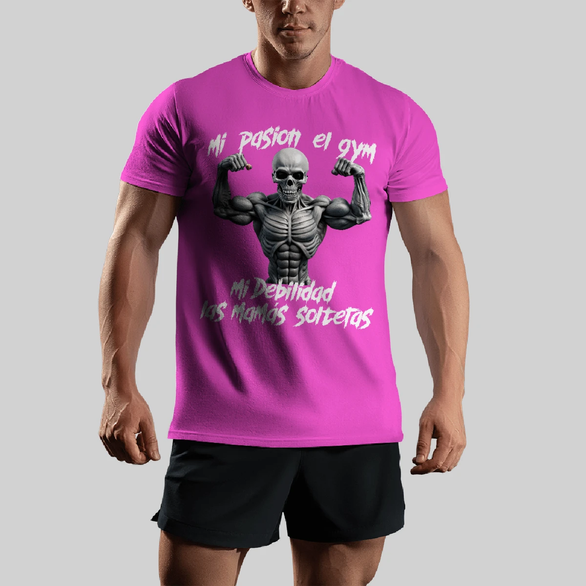 Playera Frase Motivacional Gym Calavera Gymbro Gymrat Esqueleto Hueso Press Banca Músculos Deportivo Entrenamiento Gimnasio - Rosa - Ver 1