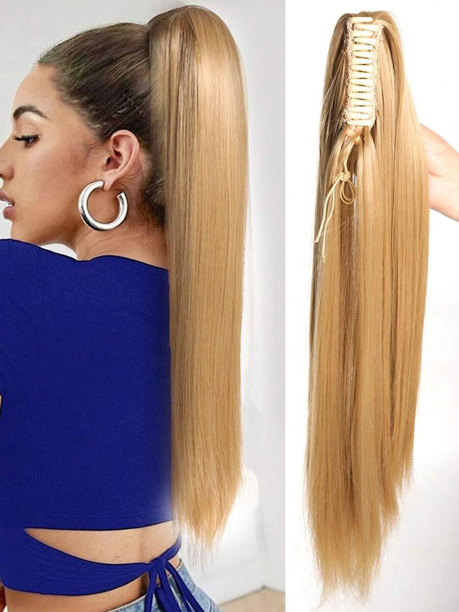 Dark Blonde Claw Clip Ponytail Extensions,18-28 Inch Long Straight Synthetic Ponytail For Women