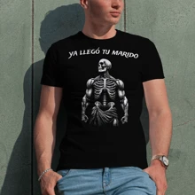 Playera Frase Motivacional Gym Calavera Gymbro Gymrat Esqueleto Hueso Press Banca Músculos Deportivo Entrenamiento Gimnasio Ya Llego Tu Marido Romántico Pareja - Negro - Ver 3