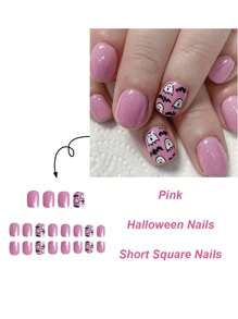 万圣节 & 24 件短方形闪光鬼指甲贴，简约可爱鬼按压指甲指甲贴纸，适合女性节日美甲 - 彩色 - 查看 2