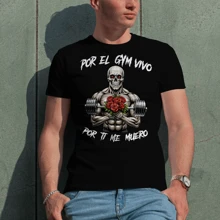 Playera Frase Motivacional Gym Calavera Gymbro Gymrat Esqueleto Hueso Press Banca Músculos Deportivo Entrenamiento Gimnasio Por El Gym Vivo Por Ti Muero Rosas Romántico Pareja Amor - Negro - Ver 3