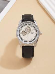 1pc Automatic Mechanical Hollow Dial Leather Strap Watch, Fashion Business Men's Gift