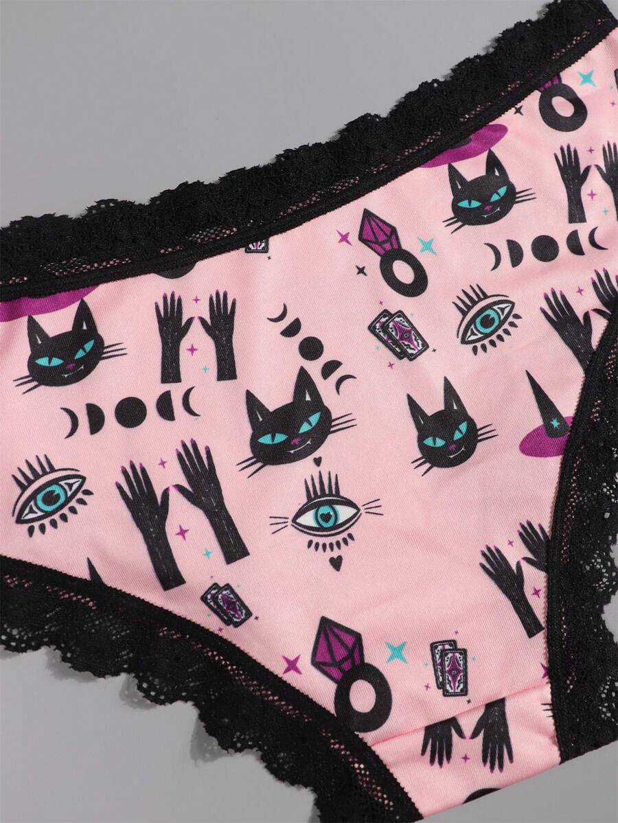 4pcs Sexy Cute Gothic Women Contrast Lace Hipsters, Halloween Black