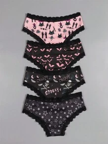 Dircho 4pcs Sexy Cute Gothic Women Contrast Lace Hipsters, Halloween Black Pink Skulls & Cats & Bats & Stars & Gothic Letters Allover Print Comfy Silky Intimates Briefs Panties, Women's Underwear & Lingerie - Multicolor - View 3