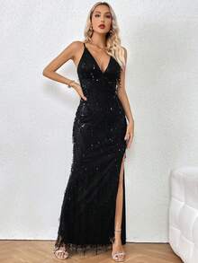 CHOSMO Vestido de graduación CHOSMO Vestidos de graduación para la escuela secundaria Halter con flecos sin tirantes con espalda descubierta, cintura alta, falda larga con abertura lateral, lentejuelas, vestido elegante y delgado para cena, vestido para cita nocturna, vestido de noche elegante, vestidos de graduación para mujeres