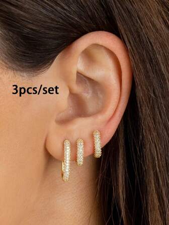 3 件豪华 24K 镀金方晶锆石女式环形耳环多色锆石时尚小耳环套装