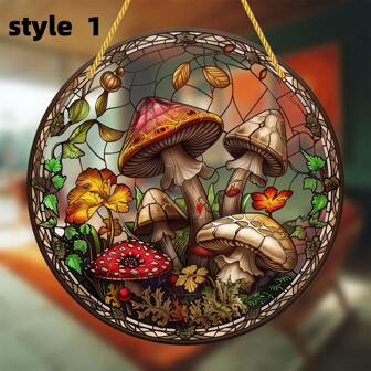 1pc, Mushroom Sun Catcher, Stained Window Hanging, Acrylic Logo, Decoration, Winter Decoration, Circular Logo, Wreath Logo, Wreath Center, Gift (5.9x5.9inches/15CMx15CM) Window Decoration, Porch Decoration, Wall Decoration, Home Decoration, Room Decoration,Home Decor ,Room Decor,Wall Decor Gifts Birthday Graduation