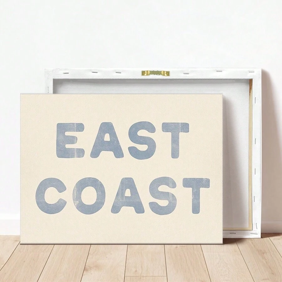 1 件帆布墙艺术易于悬挂东海岸印刷沿海牛仔装饰沿海墙艺术蓝色文字海报数码印刷海滩海洋美学装饰墙艺术（带框） - 彩色 - 查看 1