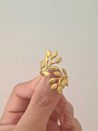 1pc Stainless Steel Leaf Ring For Women, Wide Band Floral Decoration