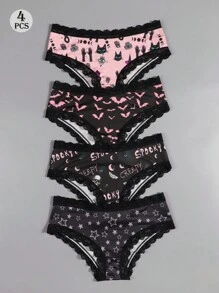 Dircho 4pcs Sexy Cute Gothic Women Contrast Lace Hipsters, Halloween Black Pink Skulls & Cats & Bats & Stars & Gothic Letters Allover Print Comfy Silky Intimates Briefs Panties, Women's Underwear & Lingerie - Multicolor - View 2