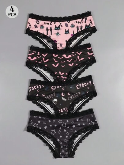 Dircho 4pcs Sexy Cute Gothic Women Contrast Lace Hipsters, Halloween Black Pink Skulls & Cats & Bats & Stars & Gothic Letters Allover Print Comfy Silky Intimates Briefs Panties, Women's Underwear & Lingerie