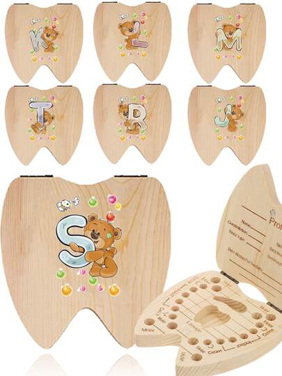 Caja de madera para dientes de bebé, soporte para almacenamiento de dientes del niño, organizador de recolección de dientes de reemplazo con diseño temático de hadas, registro de información sobre los dientes, recuerdo del crecimiento infantil, regalo de Navidad y cumpleaños para niños con patrón de 26 letras iniciales