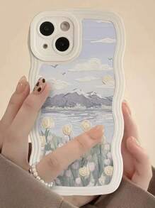 Summer Apple 1pc New Creative White Wave Oil Flower Tulip Pattern Phone Case Compatible With IPhone 15 Pro Max/11/12/13/14 Plus/XR/7/8 Plus Protective Cover, Cute Phone Case Waterproof Shockproof Anti-Fall Scratch Resistant
