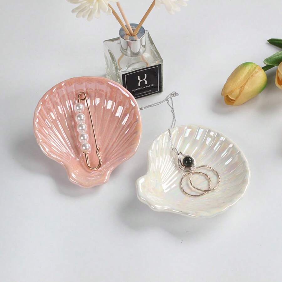 1pc Bestselling Pink Ceramic Jewelry Tray, Jewelry Holder, Ring Dish With Gold Rim & Shell Decor, Jewelry Tray, Bathroom Accessory, Valentine's Day & Christmas Gift, Suitable For Room Decor, Tabletop, Living Room, Bathroom (Multiple Styles Available)