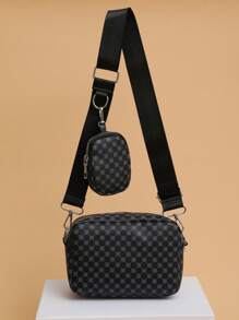 一套复古字母印花男士斜挎包+迷你单肩包+零钱包，防水可调节肩带，旅行必备，多功能，复古情人节、节日、夏季礼物 - 藏蓝色 - 查看 2