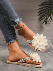 新款春夏風格花卉女士牡丹拖鞋，米色/多色鞋帶，時尚戶外海灘輕便涼鞋 - 米色 - 查看 6