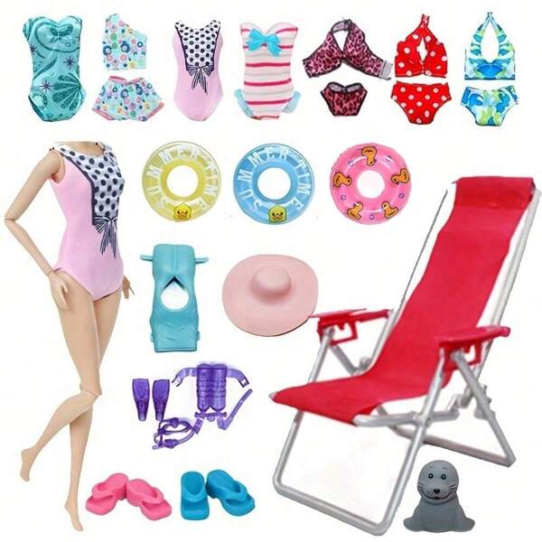 Conjunto de Verão Praia para Bonecas de 11,5'': 4 peças de Traje de Banho, Equipamento de Mergulho e Acessórios de Praia - Presente Ideal para Crianças Criativas