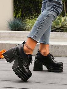 GO WITH Black CorsetNightclub Party Sexy Black Devil Summer & Autumn Waterproof Platform Non-Slip Glossy Leather Solid Round Toe Outdoor Wedge Heel Short Boots For Women - Black - View 6