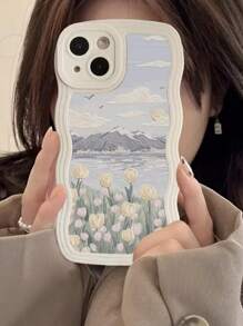 Summer Apple 1pc New Creative White Wave Oil Flower Tulip Pattern Phone Case Compatible With IPhone 15 Pro Max/11/12/13/14 Plus/XR/7/8 Plus Protective Cover, Cute Phone Case Waterproof Shockproof Anti-Fall Scratch Resistant