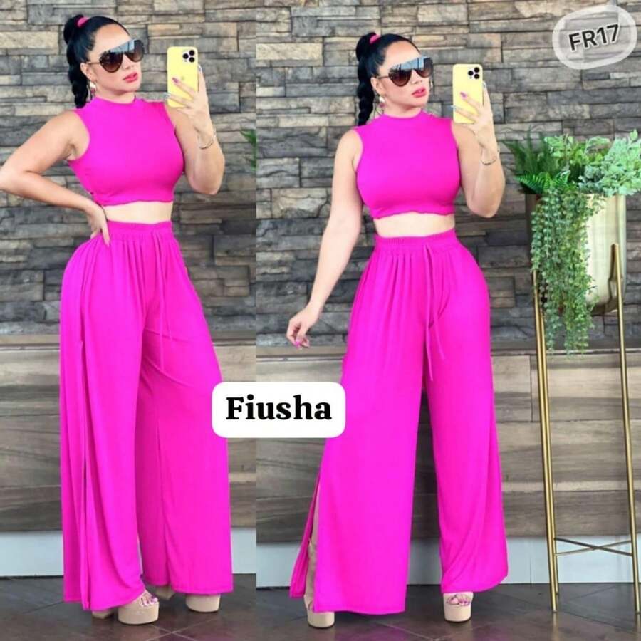 Conjunto Set Crop Top Pantalón abertura pierna sexi ligero cómodo moda dama - Rosa Fucsia - Ver 1