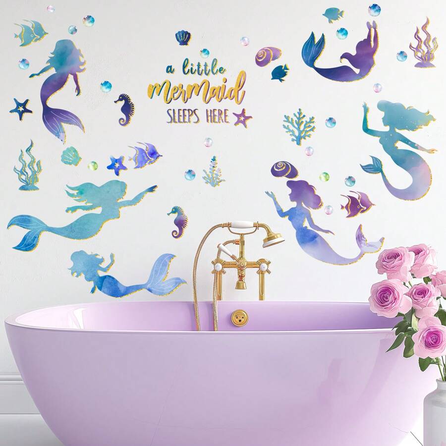 1PC Large Mermaid Wall Decals Glitter Wall Decals Mermaid Bedroom Wall