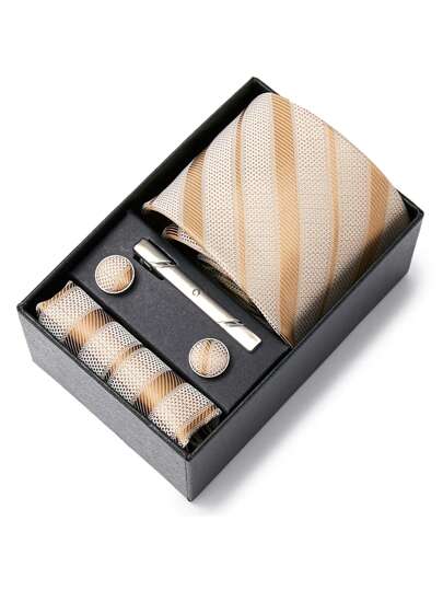 AlanKing 1 Set Striped Necktie, Pocket Square And Cufflinks With Gift Box For Men, Blue, 7.5cm, Suitable For Festivals, Weddings, WorkMen Necktie