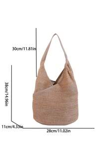 海滩度假用草编条纹大容量手提包 - 卡其色 - 查看 6